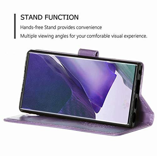 HAOTIAN Funda para Samsung Galaxy Note 20 Ultra 5G, [Flor Tallada Romántica Lujosa] Funda con Solapa Estuche de Cuero Carcasa a Prueba de Golpes con Portatarjetas/Botón Magnético/Soporte, Púrpura