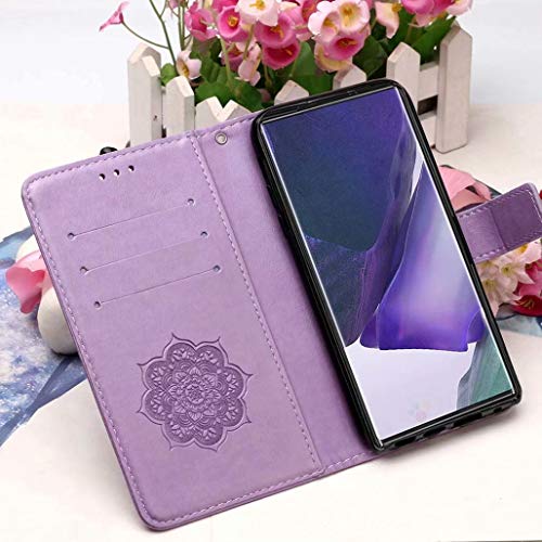 HAOTIAN Funda para Samsung Galaxy Note 20 Ultra 5G, [Flor Tallada Romántica Lujosa] Funda con Solapa Estuche de Cuero Carcasa a Prueba de Golpes con Portatarjetas/Botón Magnético/Soporte, Púrpura