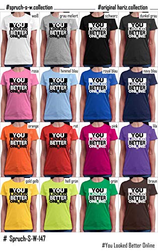 Hariz – Camiseta de cuello redondo para mujer con texto "You Looked Better Online", en blanco y negro, incluye tarjetas de regalo Rosa. XL