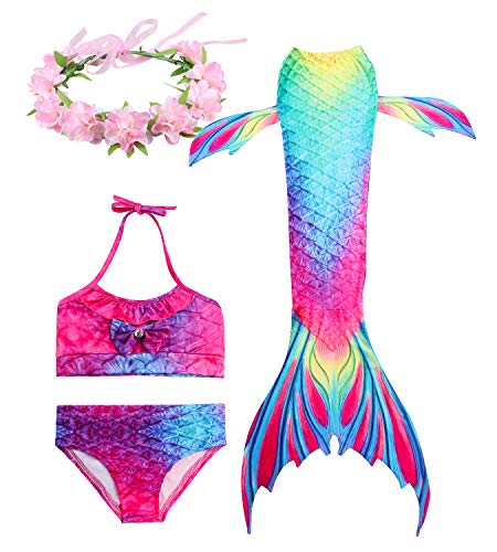 Hifunbay Cola de Sirena Niña para Nadar Incluido Traje de Sirena Baño de Bikini de 3 Piezas y Diadema con Guirnaldas de Flores sin monoaleta (DH02-B07, 130)