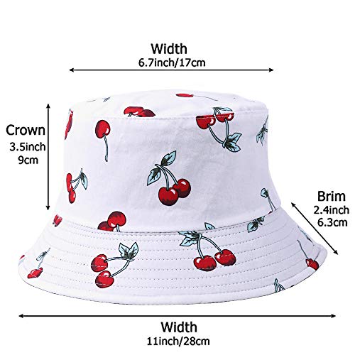 Hombres Verano Reversible Cubo Sombreros - Mujer Funky Fruta Impresión Pescador Plegable Cubeta Gorra (Cereza-Blanco)