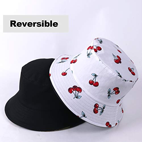 Hombres Verano Reversible Cubo Sombreros - Mujer Funky Fruta Impresión Pescador Plegable Cubeta Gorra (Cereza-Blanco)