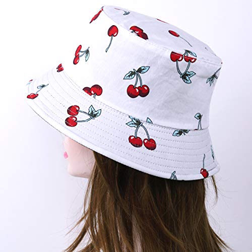 Hombres Verano Reversible Cubo Sombreros - Mujer Funky Fruta Impresión Pescador Plegable Cubeta Gorra (Cereza-Blanco)