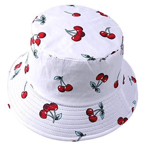 Hombres Verano Reversible Cubo Sombreros - Mujer Funky Fruta Impresión Pescador Plegable Cubeta Gorra (Cereza-Blanco)