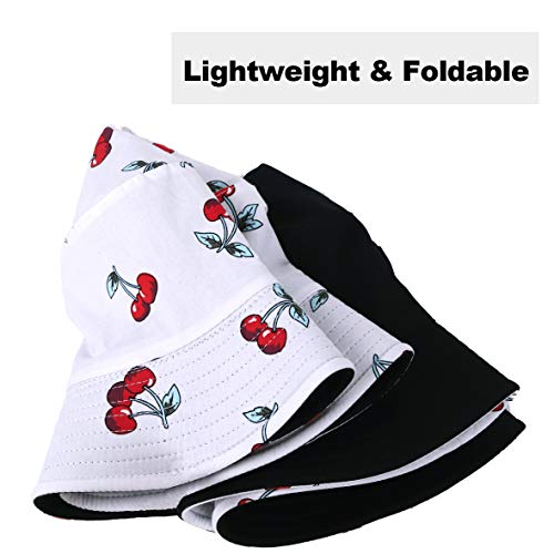 Hombres Verano Reversible Cubo Sombreros - Mujer Funky Fruta Impresión Pescador Plegable Cubeta Gorra (Cereza-Blanco)