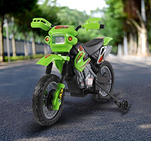 HOMCOM Moto Electrica Infantil Bateria 6V Recargable Niños 3 Años Cargador y Ruedas Apoyo Color Verde