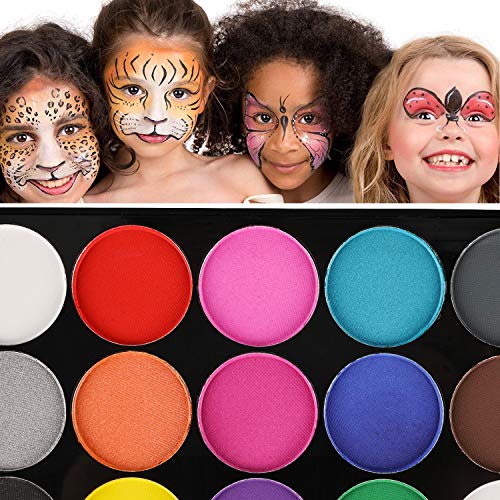 HOWAF Pinturas Cara para Niños, Pintura Facial, Seguridad no tóxica,15 Colores + 60 Plantillas + 2 Glitter + 2 Pinceles + 8 Esponjas para Halloween Decoración, Fiestas, Cosplay, Santa, Carnaval