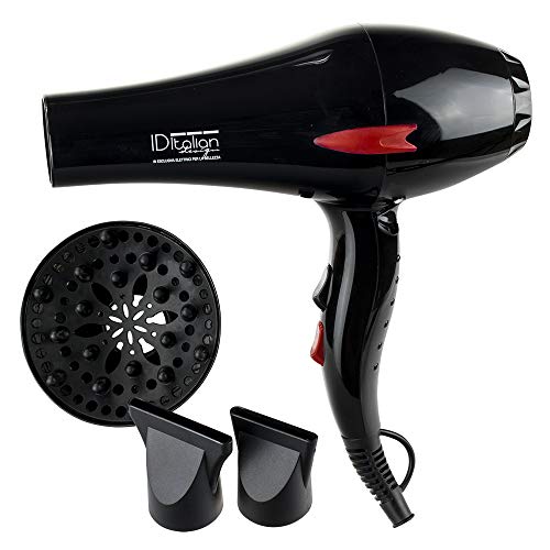 ID Italian Design | Secador de Pelo con Difusor Profesional 2 Modos de Calor, 2 Velocidades de Color Negro - 2200W