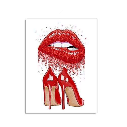 Imprimir en lienzo Fashion Paris perfume labios rojos flor cartel nórdico e imprimir arte de pared decoración de la sala pintura 19.6"x 27.5" (50x70cm) x3 sin marco