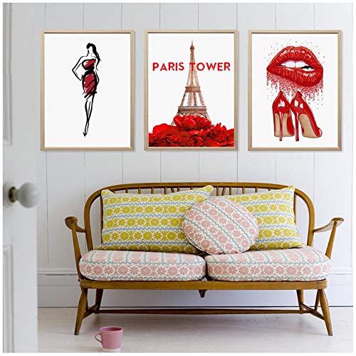 Imprimir en lienzo Fashion Paris perfume labios rojos flor cartel nórdico e imprimir arte de pared decoración de la sala pintura 19.6"x 27.5" (50x70cm) x3 sin marco