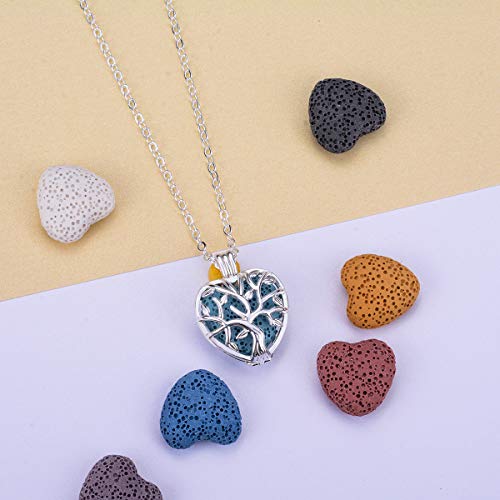 INFUSEU Family Tree of Life Collar de aromaterapia con 7 Piezas de Piedra de Roca de Lava en Forma de corazón, joyería de medallón de difusor de Aceite Esencial para Mujeres