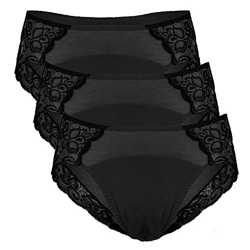 Intimate Portal Mujer Bragas de Encaje Hipsters Menstruales Absorbentes Ropa Interior para la Menstruación Periodo Regla PK de 3 Negro M