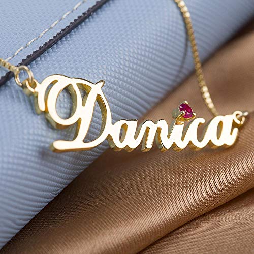 J. Brace collar con nombre personalizado de oro de 24 K estilo Carrie con placa de nombre colgante con piedra de nacimiento personalizada regalo para las mujeres