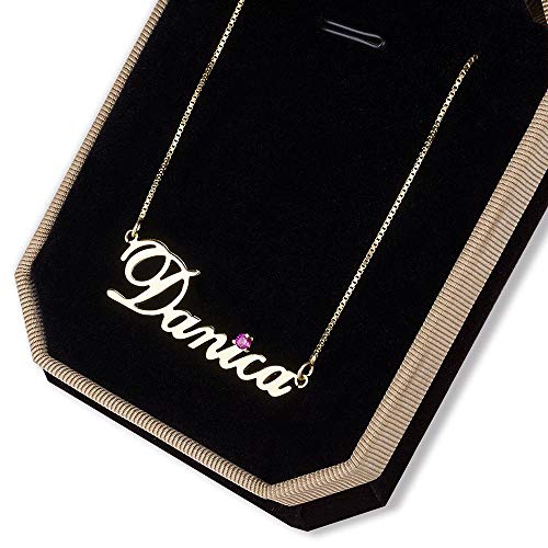 J. Brace collar con nombre personalizado de oro de 24 K estilo Carrie con placa de nombre colgante con piedra de nacimiento personalizada regalo para las mujeres