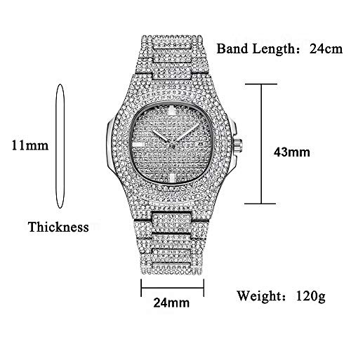 Jacklin-F Unisex Bling-ed out Round Reloj para Hombre Reloj de Diamante Reloj de Hip Hop con a Juego 7.87"/ 20cm Helado Pulsera Cubana de Plata-Oro Disponible