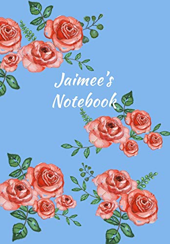 Jaimee's Notebook: Personalized Journal – Garden Flowers Pattern. Red Rose Blooms on Baby Blue Cover. Dot Grid Notebook for Notes, Journaling. Floral Watercolor Design with First Name