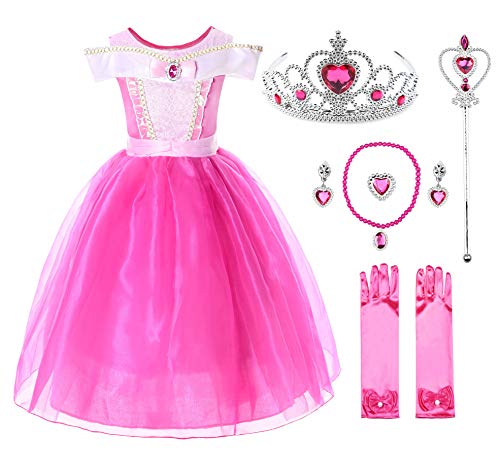 JerrisApparel Niña Princesa Aurora Disfraz Vestir Bella Durmiente Vestito (6 años, por la Tobillo con Accesorios)