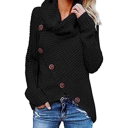 Jerseys De Punto para Mujer Cuello de Tortuga Manga Larga Suelto Prendas de Punto Suéter Irregular Jerséis Collar de la Pila Tops Cálido Otoño Invierno riou (z-Black, S)