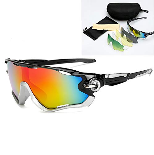 JFNX Gafas De Sol Deportivas Polarizadas, UV400 Gafas de Ciclismo con 5 Lentes Intercambiables para Ciclismo, béisbol, Pesca, esquí, Funcionamiento