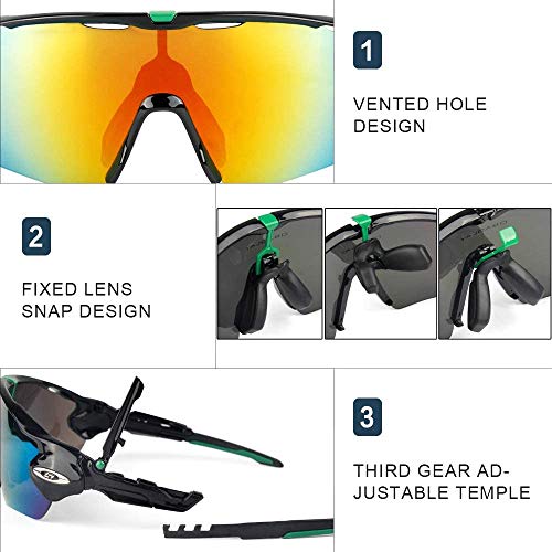 JFNX Gafas De Sol Deportivas Polarizadas, UV400 Gafas de Ciclismo con 5 Lentes Intercambiables para Ciclismo, béisbol, Pesca, esquí, Funcionamiento