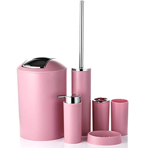 JOTOM Juego de Accesorios de Baño 6 Piezas,Cubo de Basura,Jabonera,Dispensador de jabón,Vaso,Vaso para Cepillo de Dientes y escobilla (Rosa)