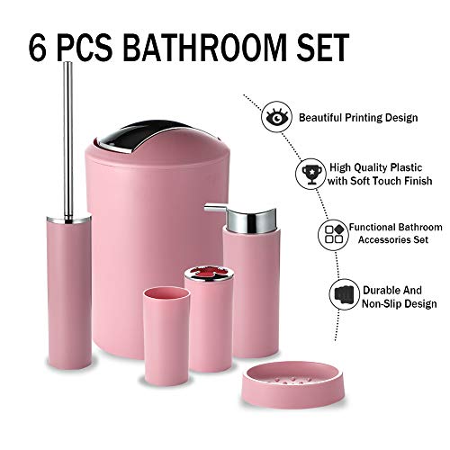 JOTOM Juego de Accesorios de Baño 6 Piezas,Cubo de Basura,Jabonera,Dispensador de jabón,Vaso,Vaso para Cepillo de Dientes y escobilla (Rosa)