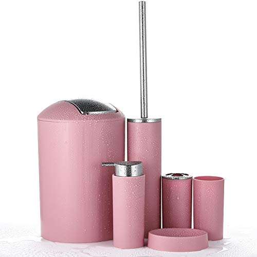 JOTOM Juego de Accesorios de Baño 6 Piezas,Cubo de Basura,Jabonera,Dispensador de jabón,Vaso,Vaso para Cepillo de Dientes y escobilla (Rosa)