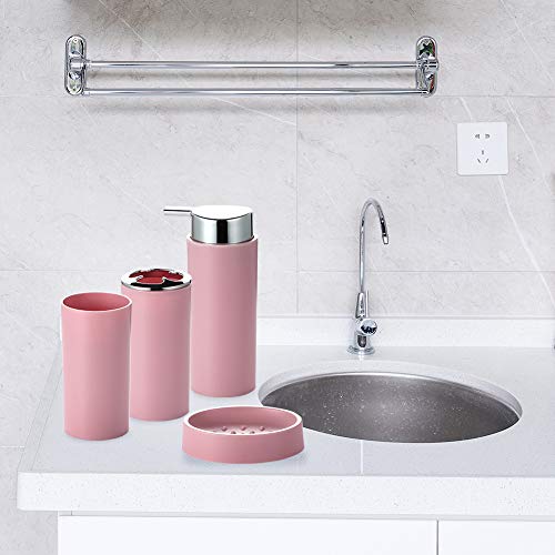 JOTOM Juego de Accesorios de Baño 6 Piezas,Cubo de Basura,Jabonera,Dispensador de jabón,Vaso,Vaso para Cepillo de Dientes y escobilla (Rosa)