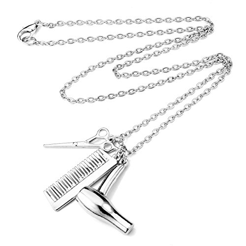 Jovivi - Colgante de aleación de metal con cadena, secador de pelo, tijeras, peine plateado