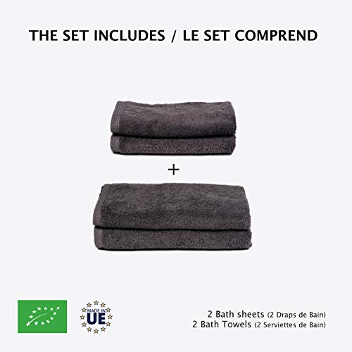 ⭐ Juego de 2 Toallas de Baño Grandes (70x140cm) y 2 Toallas de Secado Rápido (50x80cm) - Gris - Algodón 100% Orgánico 500gr - Certificado GOTS - Made in UE - Toallas Para Gimnasio, Bebe, Diseño