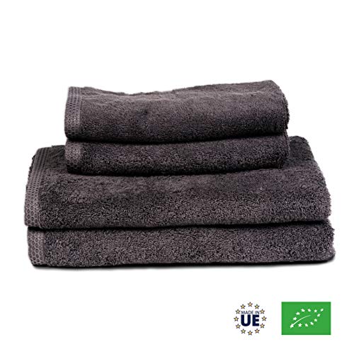 ⭐ Juego de 2 Toallas de Baño Grandes (70x140cm) y 2 Toallas de Secado Rápido (50x80cm) - Gris - Algodón 100% Orgánico 500gr - Certificado GOTS - Made in UE - Toallas Para Gimnasio, Bebe, Diseño