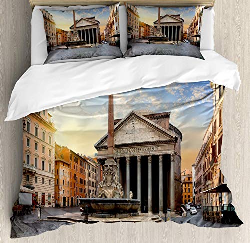 Juego de fundas de edredón Obelisco, Monumentos itinerantes de Italia Foto de Panteón y Fuente en Roma a primera hora de la mañana, Juego de cama decorativo de 3 piezas con 2 fundas de almohada, Rey m