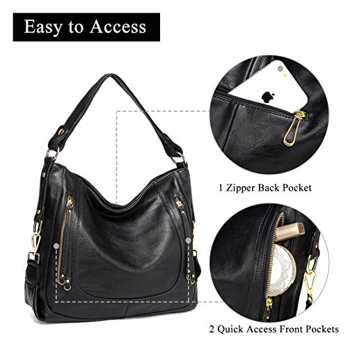 Kasgo Bolso Mujer, Moda Cuero PU Bolsos de Mano Hobo Grande Bolsa de Hombro Bolsa de Bandolera Bolso Totalizador para Mujeres Trabajo Uso Diario con Correa de Hombro Desmontable Negro