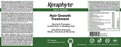 Keraphyte - Tratamiento Anticaída y Crecimiento del Cabello | con Extractos de Plantas Vitaminas y Minerales, con una alta dosis de Biotina | Vegano, sin gluten, no GMO (120 cápsulas)