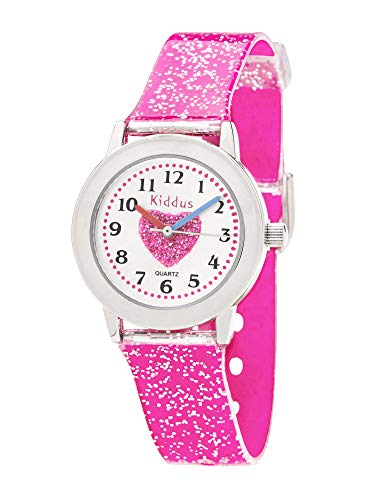 KIDDUS Reloj de Pulsera analógico para niña, Chica. con Ejercicios educativos para Aprender la Hora. Mecanismo de Cuarzo japonés Purpurina, Elegante y a la Moda. FAB2 Corazón