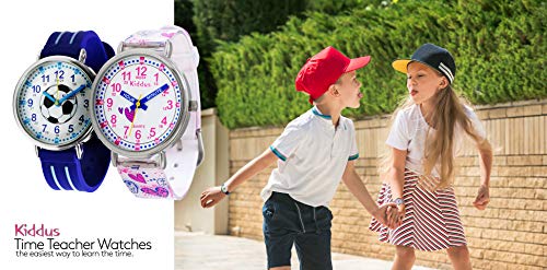 KIDDUS Reloj Educativo para niño, Chica, Chico. De Pulsera, analógico. Time Teacher fácil de Leer para Aprender la Hora. Ejercicios incluídos. Mecanismo de Cuarzo japonés. KI10309 Manillas escritas