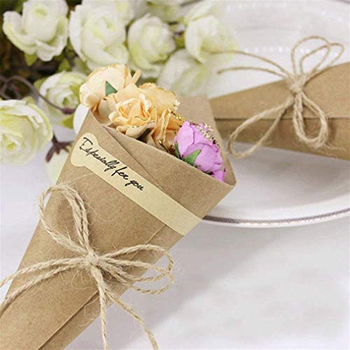 Killow - Lote de 50 Conos de Papel Kraft + 50 Cuerdas + 50 Pegatinas para Caramelos, peladillas, arroz, Cajas para peladillas de Boda