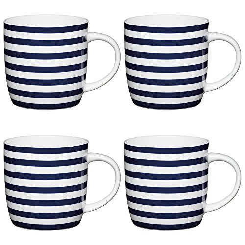 Kitchencraft de Fine diseño de rayas náuticas Classic Impreso tazas de barril, 425 ml (Juego de 4), Bone China, Azul/Blanco, 8,9 x 12,4 x 9 cm