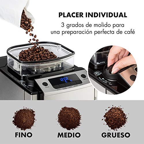 KLARSTEIN Aromatica X Máquina de café con molinillo conico- 3 Niveles de molido, Temporizador Regulable, Pantalla LED, Conserva el Calor, hasta 12 Tazas, Acero Inoxidable, Jarra de Cristal, Plateado