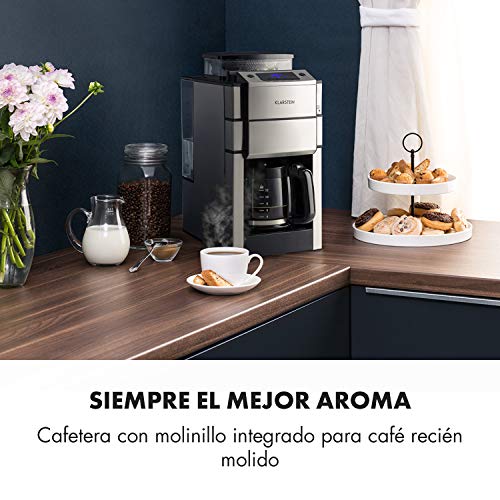 KLARSTEIN Aromatica X Máquina de café con molinillo conico- 3 Niveles de molido, Temporizador Regulable, Pantalla LED, Conserva el Calor, hasta 12 Tazas, Acero Inoxidable, Jarra de Cristal, Plateado