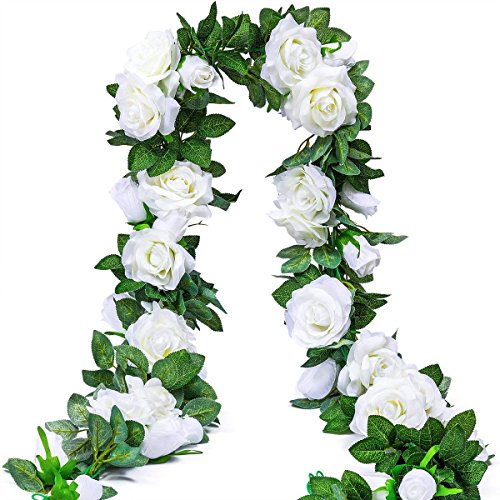 Ksnnrsng Guirnalda Rosas de Seda Artificiales Flores Vides Flores Falsas Colgando Plantas Hiedra Rosa para Colgar en Bodas Hogar Oficina Arco Decoración (2 Unidades, 9 Flores- Blanco)