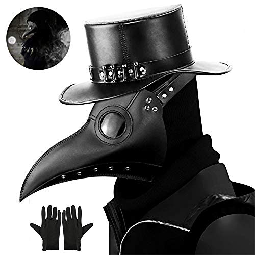 Kungfu Mall - Máscara gótica de médico de la peste negra, para cosplay, retro, estilo «steampunk», máscara de pájaro y guantes de fiesta negros para Halloween