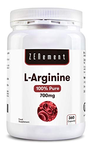 L-Arginina 100% Pura, 700 mg, 360 Cápsulas | Vasodilatador, favorece el rendimiento atlético y el desarrollo muscular | Vegano, libre de aditivos, sin Gluten