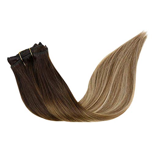 LaaVoo 22 Pulgadas 7 Pieza Extensiones de Cabello Natural Clip Remy Brasilieno Pelo Colores Marron Oscuro a Marron Medio #6 y Rubio Ceniza #18 Extensiones de Clip Lisas 120 Gramos