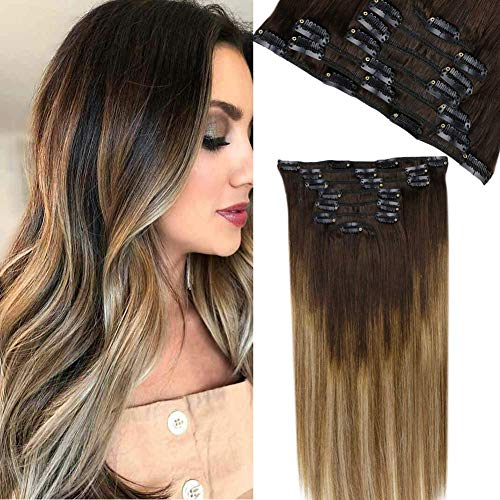 LaaVoo 22 Pulgadas 7 Pieza Extensiones de Cabello Natural Clip Remy Brasilieno Pelo Colores Marron Oscuro a Marron Medio #6 y Rubio Ceniza #18 Extensiones de Clip Lisas 120 Gramos