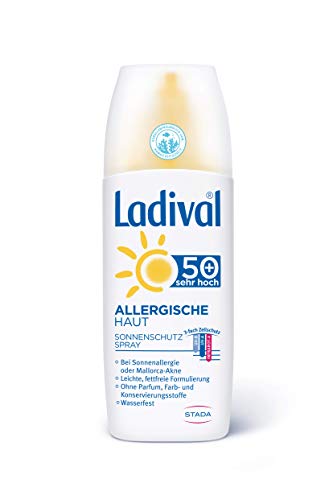 Ladival - Crema solar para piel alérgica SPF 50+ – Sin perfume, spray solar para alérgicos, sin colorantes ni conservantes, resistente al agua, 1 x 150 ml