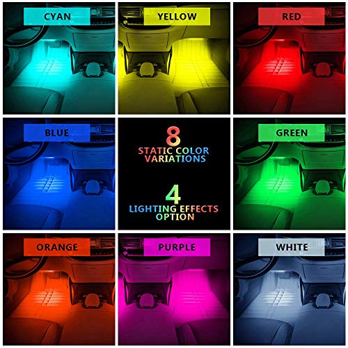 LETOUR 4 LED para interior de coche, 72 luces LED RGB multicolor, impermeable kits de iluminación debajo del salpicadero, con control remoto inalámbrico y sensor de música, cargador de coche de 12 V