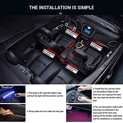 LETOUR 4 LED para interior de coche, 72 luces LED RGB multicolor, impermeable kits de iluminación debajo del salpicadero, con control remoto inalámbrico y sensor de música, cargador de coche de 12 V