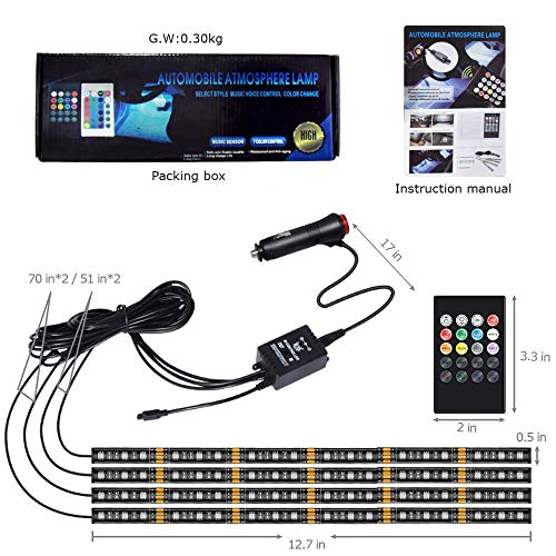 LETOUR 4 LED para interior de coche, 72 luces LED RGB multicolor, impermeable kits de iluminación debajo del salpicadero, con control remoto inalámbrico y sensor de música, cargador de coche de 12 V