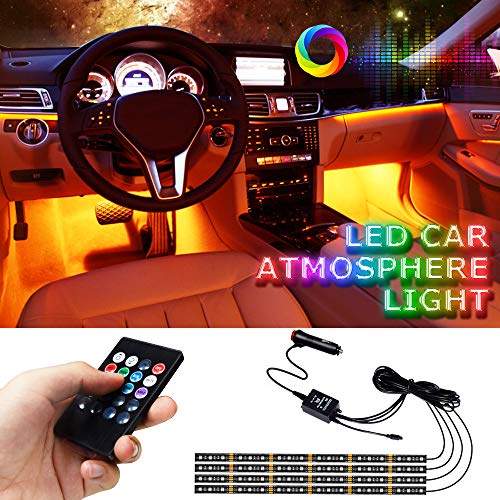 LETOUR 4 LED para interior de coche, 72 luces LED RGB multicolor, impermeable kits de iluminación debajo del salpicadero, con control remoto inalámbrico y sensor de música, cargador de coche de 12 V